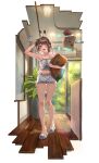  1girl absurdres air_conditioner bag bangs blush brown_eyes brown_hair crossed_bandaids day feather_hair_ornament feathers friend_(nanashi_mumei) full_body hair_ornament highres hololive hololive_english indoors looking_at_viewer midriff multicolored_hair nanashi_mumei navel one_eye_closed pajamas paper_bag pillow plant potted_plant short_hair slippers solo squiggle standing streaked_hair tenchi_mayo virtual_youtuber wooden_floor 