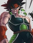  1boy angry bardock black_hair blue_eyes clenched_teeth commentary_request cross_scar dragon_ball dragon_ball_z headband kemachiku looking_at_viewer male_focus monkey_tail red_headband saiyan_armor scar scar_on_cheek scar_on_face solo spiked_hair tail teeth torn_clothes 