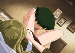  absurdres between_legs blonde_hair couple cowboy_bebop curly_hair green_eyes green_hair highres imminent_kiss julia_(cowboy_bebop) kiss non-web_source spike_spiegel spread_legs 