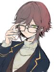  1boy adjusting_eyewear blazer blue_jacket brown_vest dankira!!! glasses green_eyes jacket jewelry long_hair looking_at_viewer male_focus necklace one_eye_closed red_hair sketch sneezecoon solo sweater tsubaki_seito turtleneck turtleneck_sweater vest white_sweater 