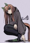  1girl alternate_costume animal_ears black_pants black_socks blunt_bangs ear_covers full_body green_eyes green_slippers grey_background grey_sweater hair_ornament hairband hairclip head_tilt hime_cut hood hooded_sweater horse_ears horse_girl horse_tail long_hair long_sleeves looking_at_viewer orange_hair pants silence_suzuka_(umamusume) simple_background slippers socks solo squatting sweater tail tanasiso umamusume white_hairband 