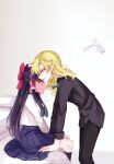  2girls absurdres alternate_costume black_hair black_pants black_shirt blonde_hair blue_skirt blush bow braid closed_mouth commentary_request frilled_hair_tubes frills full-face_blush green_bow green_neckerchief hair_bow hair_tubes hakurei_reimu highres kirisame_marisa long_hair mito_(fate) multiple_girls neckerchief no_headwear open_mouth pants pleated_skirt red_bow red_eyes school_uniform shirt side_braid signature single_braid sitting skirt smile touhou twitter_username very_long_hair white_shirt yellow_eyes yuri 