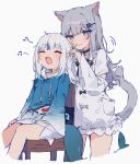  2girls :3 ahoge animal_costume animal_ears bangs black_bow black_choker blue_eyes blue_hair blue_hoodie blue_tail blunt_bangs blush bow cat_ears cat_girl cat_tail chair choker closed_eyes closed_mouth fish_tail gawr_gura grey_hair grey_tail hand_in_another&#039;s_hair highres hololive hololive_english hood hoodie indie_virtual_youtuber long_hair long_sleeves medium_hair messy_hair multicolored_hair multiple_girls music musical_note nachoneko no_pants o_(jshn3457) open_mouth original pocket shark_costume shark_girl shark_tail sharp_teeth simple_background singing sitting sleeves_past_wrists spoken_musical_note straight_hair streaked_hair tail teeth two-tone_hair upper_teeth_only virtual_youtuber white_background white_hair wide_sleeves wooden_chair 