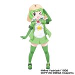  1girl bow bowtie elbow_gloves gloves green_eyes green_hair green_jacket hat jacket kemono_friends kemono_friends_3 keroro_(kemono_friends) keroro_gunsou kneehighs looking_at_viewer one_eye_closed open_mouth ribbon shirt shoes short_hair simple_background skirt socks solo star_(symbol) white_shirt 