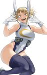  1girl absurdres animal_ears armpits ass bags_under_eyes bare_shoulders blonde_hair boku_no_hero_academia breasts collarbone cosplay double_bun fangs fengling_(furin-jp) gloves groin hair_bun hands_up highres large_breasts looking_at_viewer messy_hair mirko mirko_(cosplay) open_mouth rabbit_ears rabbit_tail simple_background solo tail teeth toga_himiko white_background white_gloves wide_hips yellow_eyes 