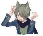  1boy animal_ears black_scarf blazer blush cat_boy cat_ears dankira!!! green_hair green_shirt hair_over_one_eye jacket kiriyama_oboro male_focus red_eyes scarf school_uniform shirt short_hair sketch sneezecoon solo white_background 