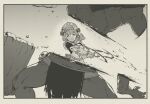  1girl armor armored_dress bisected blood boobplate braid closed_eyes closed_mouth commentary dress english_commentary flower gauntlets genshin_impact hair_flower hair_ornament holding holding_weapon maid maid_headdress noelle_(genshin_impact) short_hair slashing solo tagme tyrone weapon 