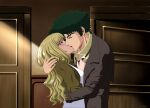  absurdres blonde_hair blue_eyes closed_eyes couple cowboy_bebop curly_hair french_kiss green_hair highres imminent_kiss julia_(cowboy_bebop) kiss non-web_source spike_spiegel 