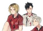  3boys black_hair blonde_hair brown_eyes grey_hair haiba_lev haikyuu!! knee_up kozume_kenma kuroo_tetsurou looking_at_viewer male_focus matchi_(ginger.8) multiple_boys red_shirt shirt short_hair simple_background sitting smile spiked_hair sportswear sweat upper_body white_background white_shirt 