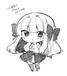  1girl anna_(ikeuchi_tanuma) blush bow chibi greyscale hair_bow ikeuchi_tanuma long_hair long_sleeves looking_at_viewer miniskirt monochrome original parted_lips shirt simple_background skirt solo thighhighs white_background 