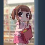  1girl backpack bag bag_of_chips blurry blurry_background blush brown_eyes brown_hair chips_(food) closed_mouth depth_of_field food highres kionant miniskirt neck_ribbon original pink_shirt pink_skirt pleated_skirt puffy_short_sleeves puffy_sleeves randoseru ribbon shirt short_sleeves skirt solo theft twintails white_ribbon 