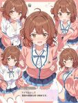  1girl absurdres ahoge blue_overskirt blue_ribbon blue_skirt blush breasts brown_cardigan brown_hair button_gap cardigan cleavage collarbone commentary_request dialogue_box embarrassed flying_sweatdrops gakuen_idolmaster grid_background hair_bun hanami_ume hatsuboshi_gakuen_school_uniform highres hiyoko_neneko idolmaster large_breasts long_sleeves looking_at_viewer multiple_views neck_ribbon nose_blush open_mouth pleated_skirt ribbon school_uniform shirt single_side_bun skirt small_sweatdrop squiggle thighhighs translated wavy_mouth wet wet_clothes wet_shirt white_background white_thighhighs 