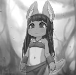  1girl animal_ears blush_stickers breasts closed_mouth furry furry_female greyscale kionant long_hair made_in_abyss monochrome navel o-ring o-ring_top original pelvic_curtain signature small_breasts solo standing tail 