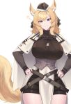  1girl ? absurdres animal_ear_fluff animal_ears arknights armor bangs blonde_hair blue_eyes breastplate breasts closed_mouth cowboy_shot garrison_cap hands_on_hips hat highres horse_ears horse_girl horse_tail kanta_(kanta_077) kingdom_of_kazimierz_logo long_hair looking_at_viewer meme simple_background smile solo tail thighs twitter_strip_game_(meme) whislash_(arknights) white_background wide_hips 