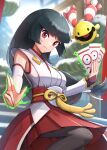  1girl absurdres bangs black_hair blunt_bangs blurry blurry_background chingling closed_mouth commentary_request day glowing gonzarez highres holding japanese_clothes kimono long_hair looking_down official_alternate_costume outdoors pantyhose pleated_skirt pokemon pokemon_(creature) pokemon_(game) pokemon_masters_ex red_eyes red_sash red_skirt sabrina_(new_year&#039;s_2022)_(pokemon) sabrina_(pokemon) sash skirt smile white_kimono 