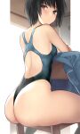  1girl amagami ass back_cutout black_hair blush breasts clothing_cutout highres indoors looking_at_viewer looking_back nanasaki_ai on_chair one-piece_swimsuit serizawa_(serizawaroom) sitting small_breasts solo swimsuit 