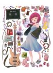  1girl absurdres alcohol_carton amplifier audio_cable audio_jack bachi bass_guitar black_bow blunt_bangs blush bocchi_the_rock! bow braid braided_ponytail can cellphone charm_(object) chopsticks closed_eyes coin cracked_phone cup_ramen dress effects_pedal fang full_body geta green_dress guitar_strap hair_over_shoulder highres hiroi_kikuri holding holding_can id_photo instrument jacket jacket_partially_removed key mail nakamori_kemuri phone pigeon-toed plectrum red_hair single_bare_shoulder single_braid skin_fang smartphone speaker standing strap_slip sundress ticket wallet 