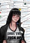  1girl absurdres ayaki_d bangs black_hair black_jacket blunt_bangs breasts closed_mouth clothes_writing english_commentary english_text glasses highres jacket lips looking_down original reading round_eyewear shirt solo twitter twitter_username unamused upper_body v-neck white_shirt 
