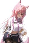  animal_ear_fluff animal_ears antenna_hair black_skirt clipboard closed_mouth collared_shirt hakui_koyori highres holding holding_clipboard hololive looking_at_viewer navel necktie pink_hair purple_eyes ri_qing shirt skirt smile tail vial virtual_youtuber white_background wolf_ears wolf_girl wolf_tail 