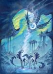  artist_name blue_sky blue_theme drachenmagier dragon english_commentary moon night no_humans original outdoors sky unicorn 