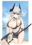  1girl absurdres arknights bangs bare_arms bare_shoulders beach bikini black_bikini black_choker blue_sky breasts choker cleavage cloud commentary cropped_legs day grey_hair hair_between_eyes hammer highres holding holding_hammer holding_weapon horns large_breasts long_hair looking_at_viewer mudrock_(arknights) mudrock_(silent_night)_(arknights) navel ocean official_alternate_costume outdoors pointy_ears red_eyes sarea_(sarea2020) sky solo standing stomach swimsuit thighs very_long_hair water weapon 