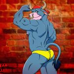2015 2_horns 5_fingers anthro biceps biped blue_body blue_fur blue_tail_tuft bovid bovine brick_wall brown_eyes butt cattle closed_smile clothing digital_drawing_(artwork) digital_media_(artwork) fabfelipe facial_piercing fingers flexing flexing_bicep fur hi_res horn kerchief looking_back male mammal mouth_closed multicolored_body multicolored_fur muscular muscular_anthro muscular_male nipple_piercing nipple_ring nipples nose_piercing nose_ring piercing pink_body pink_fur pink_inner_ear pink_nipples pinup portrait pose red_kerchief ring_piercing smile solo speedo standing swimwear tail tail_tuft three-quarter_portrait tuft two_tone_body two_tone_fur wall_(structure) yellow_clothing yellow_speedo yellow_swimwear