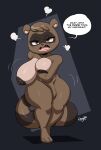  2022 angry anthro areola big_areola big_breasts breasts brown_body brown_eyes brown_fur canid canine covering dialogue english_text facial_markings female fur head_markings hi_res huge_areola huge_breasts huge_nipples joaoppereiraus looking_at_viewer mammal markings mask_(marking) miyu_hamada nipples nippon_3000_police_department open_mouth procyonid profanity raccoon raccoon_dog ring_(marking) ringtail signature simple_background solo speech_bubble tail tail_markings talking_to_viewer tanuki text 