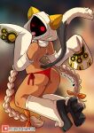 animal_humanoid animal_tail arc_system_works armwear big_butt blazblue blonde_hair boots braided_hair butt cat_humanoid clothing dark_body dark_skin dipstick_tail felid felid_humanoid feline feline_humanoid female footwear fur grey_body grey_fur hair hi_res humanoid kaka_(blazblue) kinkymation knee_boots knee_highs kneeling legwear licking looking_at_viewer looking_back looking_back_at_viewer mammal mammal_humanoid markings obscured_face one_eye_closed panties rear_view red_clothing red_eyes red_panties red_underwear self_lick shoes solo tail tail_markings tailed_humanoid tan_armwear tan_body tan_boots tan_clothing tan_footwear tan_fur tan_hood taokaka thick_thighs tongue tongue_out underwear wide_hips