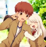  1boy 1girl absurdres arm_up bag blush closed_eyes emiya_shirou fate_(series) highres holding_another&#039;s_arm illyasviel_von_einzbern long_hair open_clothes open_mouth outdoors red_hair school_bag school_uniform shirt short_hair tree tsubuta_hiro white_hair white_shirt yellow_eyes 