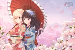  2girls bangs black_hair blonde_hair blue_kimono blurry blush cherry_blossoms copyright_name day depth_of_field floral_print hair_ornament hand_on_another&#039;s_hip highres holding holding_umbrella inoue_takina japanese_clothes kimono kurenaiz long_hair looking_at_viewer lycoris_recoil mountainous_horizon multiple_girls nishikigi_chisato obi oil-paper_umbrella outdoors pink_kimono print_kimono purple_eyes red_eyes sash short_hair smile tree twilight umbrella yukata 