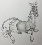 2021 anthro clothing cloven_hooves corset female fluffy fur genevieve_lykelle giraffid hair hand_on_cheek hand_on_chest hand_on_face hi_res hooves lingerie looking_at_viewer lounging lying mammal okapi phathusa smile solo striped_body striped_fur stripes tail tail_tuft taur topwear traditional_media_(artwork) tuft