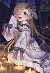  1girl bare_shoulders blonde_hair candle candlelight commentary_request crown dress fangs flat_chest hair_over_one_eye high_heels highres idolmaster idolmaster_cinderella_girls idolmaster_cinderella_girls_starlight_stage indoors long_hair lvetica night open_mouth red_eyes shirasaka_koume smile solo white_dress 