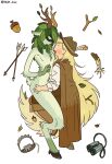 acorn adventure_time antlers arrow_(weapon) bear_trap belly binoculars biped blonde_hair blush blush_lines boots bottomwear brown_boots brown_bottomwear brown_cloak brown_clothing brown_footwear brown_hat brown_headwear brown_pants buckteeth cartoon_network cloak clothing duo elemental_creature eye_contact female female/female fionna_the_human flat_chested flora_fauna food footwear fruit fur green_belly green_body green_eyes green_fur green_sclera hair hat hat_feather headgear headwear hi_res hooves horn human humanoid huntress_wizard knee_boots knee_highs leaf leg_between_thighs legwear long_hair looking_at_another loose_feather mammal midriff nude nut_(fruit) open_mouth pants plant ranged_weapon satyr shoes simple_background standing stick tail teeth trap_(contrivance) weapon white_background white_belly yakza_draw