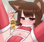  1girl 2023 animal_ears bell blush bra breasts brown_eyes brown_hair cameltoe charm_(object) closed_mouth fur_collar happy_new_year highres holding jingle_bell kionant looking_at_viewer lying medium_hair navel on_back original panties red_bra red_panties red_thighhighs seductive_smile signature small_breasts smile solo spread_legs thighhighs underwear 