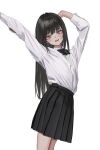  1girl :d absurdres black_bow black_bowtie black_hair black_skirt blush bow bowtie grey_eyes hands_up highres long_hair long_sleeves looking_at_viewer nadegata original pleated_skirt school_uniform shirt simple_background skirt smile solo white_background white_shirt 