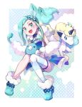  1girl alternate_color aqua_eyes aqua_footwear aqua_hair beak galarian_ponyta highres horns invisible_chair lisia_(pokemon) looking_at_viewer mega_stone open_mouth pokemon pokemon_(creature) pokemon_(game) pokemon_oras shiny_pokemon short_shorts shorts single_horn single_thighhigh sitting smile swablu thighhighs wings zeroki_(izuno) 