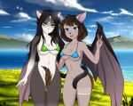  anthro bat bikini bikini_top clothing duo felid feline female female/female male mammal pinup pose riders swimwear taifun taifun_riders 
