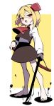  1girl :d absurdres ascot bare_legs barefoot black_nails black_skirt black_vest blonde_hair blush blush_stickers collared_shirt commentary_request fang full_body hair_ribbon hand_on_sheath highres holding holding_sword holding_weapon long_sleeves looking_at_viewer nail_polish open_mouth oyatu_potage red_ascot red_eyes red_ribbon ribbon rumia shirt short_hair simple_background skin_fang skirt smile solo standing sword toenail_polish toenails touhou two-tone_background umbrakinesis vest weapon white_background white_shirt yellow_background 