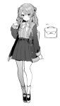  1girl backpack bag blouse blush bow bowtie coat dot_mouth dot_nose double_bun greyscale hair_bun highres ikeuchi_tanuma looking_at_viewer miniskirt monochrome open_clothes open_coat original parted_lips pleated_skirt shirt shoes simple_background skirt socks solo white_background 