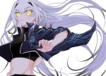  1girl alternate_costume fairy_knight_lancelot_(fate) fate/grand_order fate_(series) highres long_hair midriff navel simple_background solo white_background white_hair yellow_eyes you26 