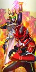  1boy 1girl absurdres amun_(sentai_red_ga_isekai_de_boukensha_ni_naru) animal_ears_helmet animal_helmet asagaki_toogo black_bodysuit bodysuit cowboy_shot fire green_eyes helmet highres kizuna_red purple_bodysuit purple_helmet raniya_(sentai_red_ga_isekai_de_boukensha_ni_naru) red_bodysuit red_helmet reiei_8 sentai_red_ga_isekai_de_boukensha_ni_naru tokusatsu 