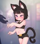  1girl 1other animal_ear_fluff animal_ears belt black_hair black_shorts blush bob_cut cat_ears cat_tail closed_mouth highres kionant navel original outstretched_arm purple_eyes shorts signature slit_pupils solo_focus standing tail uneven_eyes 