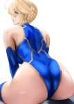  1girl ahoge artoria_pendragon_(fate) artoria_pendragon_(lancer)_(fate) ass bangs bare_shoulders blonde_hair blue_gloves blue_leotard blue_thighhighs blush braid breasts elbow_gloves fate/grand_order fate_(series) french_braid gloves green_eyes hair_between_eyes highleg highleg_leotard highres large_breasts leotard long_hair looking_at_viewer open_mouth sidelocks sitting solo thighhighs thighs yamaneko_(tkdrumsco) 
