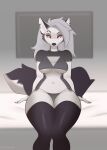  2023 anthro bed black_nose breasts canid canid_demon canine canis claws clothed clothing demon ear_piercing eyebrow_piercing eyebrows eyelashes facial_piercing female fur furniture grey_body grey_fur hair hellhound helluva_boss hi_res katoshy legwear long_hair long_tail looking_at_viewer loona_(helluva_boss) mammal multicolored_body multicolored_fur navel notched_ear on_bed panties piercing pupils raised_eyebrow red_sclera simple_background sitting sitting_on_bed slit_pupils solo tail topwear two_tone_body two_tone_fur underwear watermark white_body white_eyes white_fur white_hair wolf 