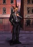  absurd_res anthro broken_window business_suit caracal caracal_(genus) clothing felid feline hand_in_pocket hi_res jackson_hinds male mammal necktie pockets pose solo street suit the_devil_and_the_tiger tndillustration waiting yellow_eyes 