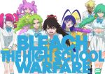  1boy 6+girls antenna_hair arrancar bambietta_basterbine barbed_wire baseball_bat belt black_hair blazer bleach bleach:_sennen_kessen-hen blonde_hair blue_eyes blunt_bangs blunt_ends bob_cut bow breasts candice_catnipp closed_mouth collarbone dark-skinned_female dark_skin dokugamine_riruka dress eyelashes giselle_gewelle green_eyes green_hair hair_between_eyes hair_ornament hair_over_shoulder heart_belt holding holding_baseball_bat hollow_(bleach) jacket kubo_tite large_breasts liltotto_lamperd long_hair long_sleeves looking_at_viewer medium_breasts meninas_mcallon metal_baseball_bat multiple_girls nail_polish nelliel_tu_odelschwanck open_mouth otoko_no_ko pink_eyes pink_hair pleated_skirt purple_eyes purple_hair quincy_(bleach) red_eyes red_hair school_uniform shirt short_hair shorts simple_background skirt smile socks straight_hair tier_harribel twintails weapon white_background white_shirt white_skirt yellow_eyes 