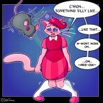  ambiguous_gender anthro bottomwear cat_toy clothing domestic_cat felicity_(hypnocatto) felid feline felis hi_res hypnosis hypnotic_eyes mammal mind_control outletdraws pink_body pink_clothing skirt solo 