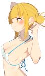  1girl absurdres arm_up armpits bangs bare_shoulders bikini blonde_hair blunt_bangs blush boku_no_hero_academia breasts cleavage closed_mouth collarbone commentary double_bun fang hair_bun halterneck hand_in_own_hair hand_up highres linea_alba looking_to_the_side medium_breasts messy_hair profile rasusurasu short_hair_with_long_locks sidelocks simple_background skin_fang solo straight_hair striped striped_bikini swimsuit toga_himiko upper_body white_background white_bikini yellow_eyes 