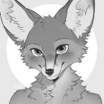  1:1 anthro azuza bust_portrait canid canine cheek_tuft closed_smile facial_tuft fennec fox front_view glistening glistening_eyes greyscale head_tuft hi_res inner_ear_fluff looking_at_viewer male mammal monochrome mouth_closed neck_tuft nude portrait signature simple_background solo tuft 