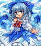  1girl :d adapted_costume bangs blue_background blue_bow blue_dress blue_eyes blue_hair blue_ribbon bow bowtie brooch cirno cowboy_shot dress frills hair_bow hand_up ice ice_crystal ice_wings jewelry light_blue_hair light_blush long_hair long_sleeves looking_at_viewer marker_(medium) open_mouth red_bow red_bowtie ribbon rui_(sugar3) sample_watermark smile snowflakes solo standing touhou traditional_media white_sleeves wings 